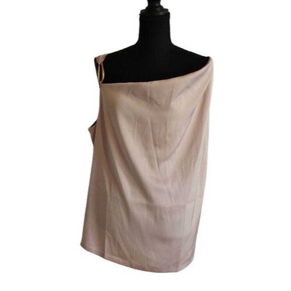 Donna Karan XL Blush Pink Silk-Look One Shoulder Drape Top Gold Ring NWOT
